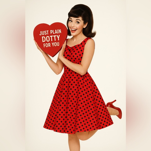 Unique Vintage Orchid Bloom 1950s Red & Black Polka Dot Fit & Flare Swing Dress - Picture 3 of 16